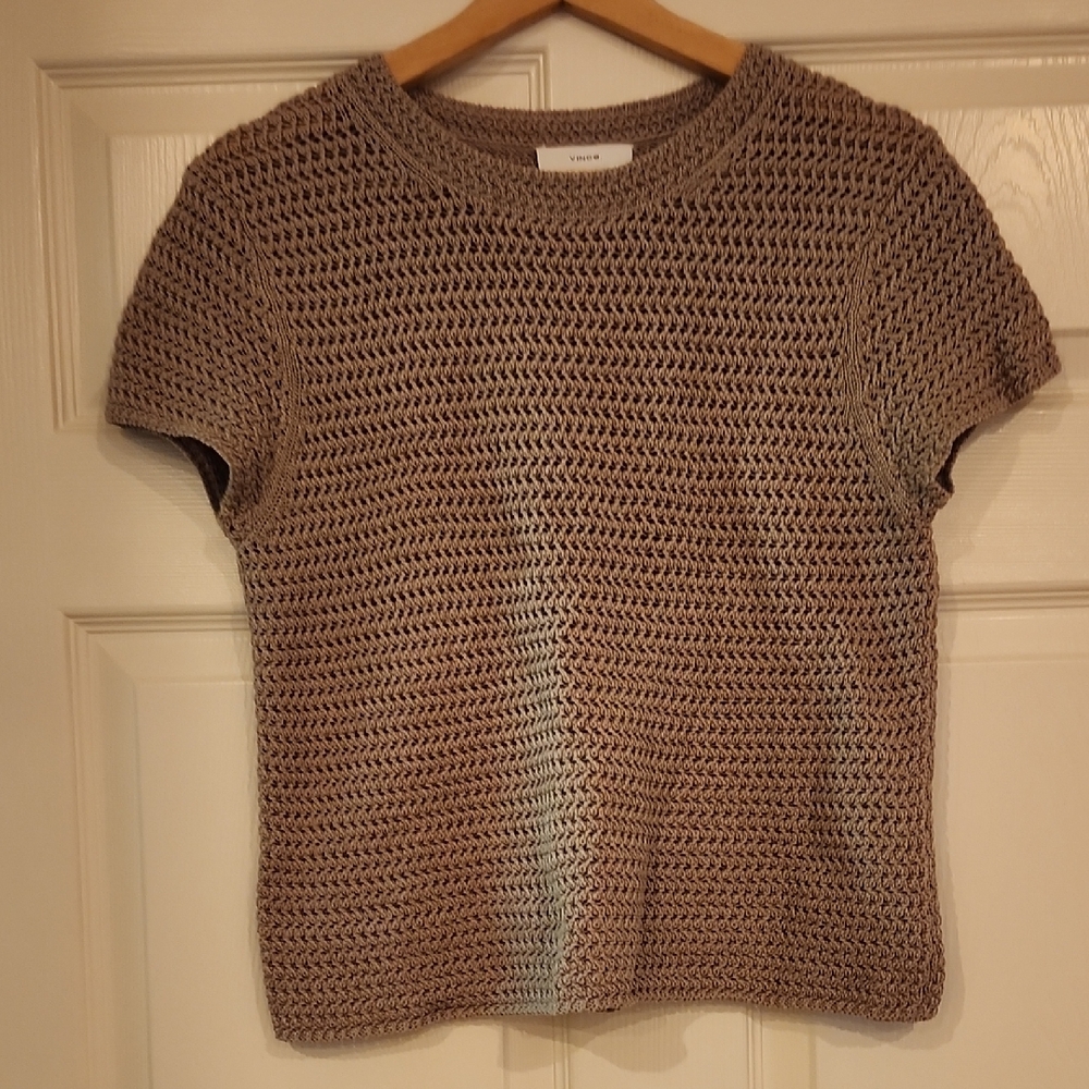 SOLD Vince Taupe Crochet Short Sleeve Knit Top
